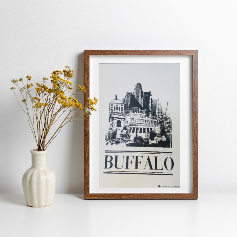 Buffalo NY Skyline Graphic Hand Printed Poster 13 x 19in